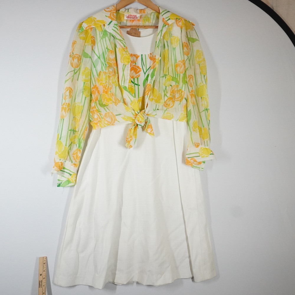 Vtg 70s Miss Donna Tulip Floral Linen Dress & Sheer Tie Front Blouse Set Sz 10